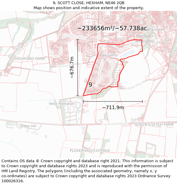 9, SCOTT CLOSE, HEXHAM, NE46 2QB: Plot and title map