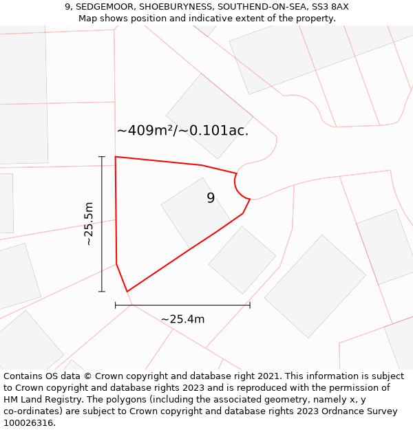 9, SEDGEMOOR, SHOEBURYNESS, SOUTHEND-ON-SEA, SS3 8AX: Plot and title map