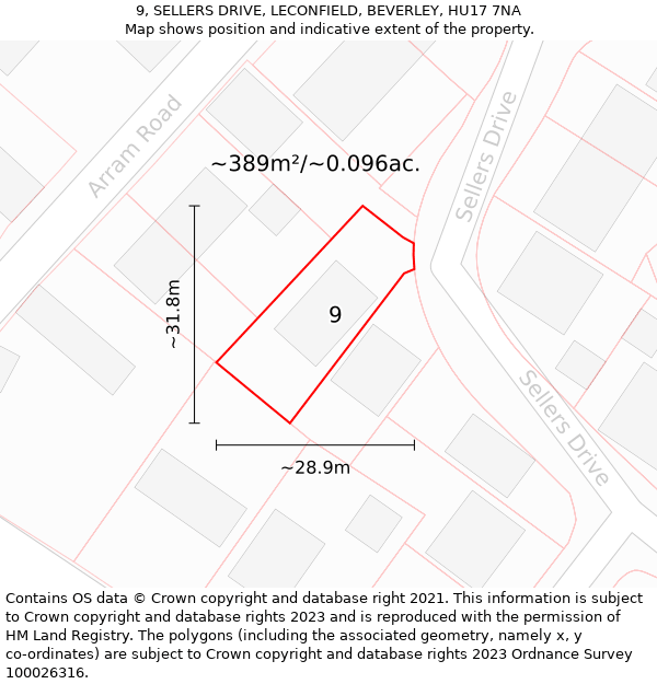 9, SELLERS DRIVE, LECONFIELD, BEVERLEY, HU17 7NA: Plot and title map