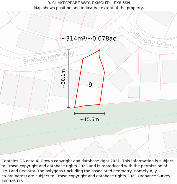 9, SHAKESPEARE WAY, EXMOUTH, EX8 5SN: Plot and title map