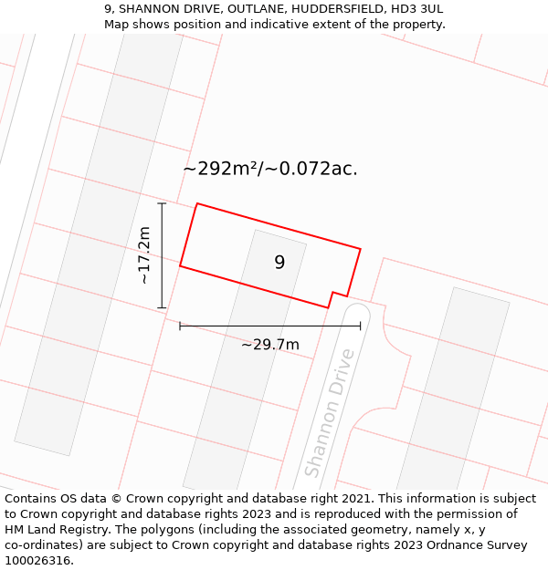 9, SHANNON DRIVE, OUTLANE, HUDDERSFIELD, HD3 3UL: Plot and title map