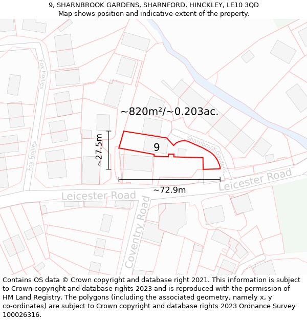 9, SHARNBROOK GARDENS, SHARNFORD, HINCKLEY, LE10 3QD: Plot and title map