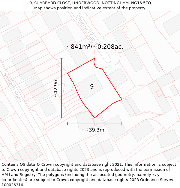 9, SHARRARD CLOSE, UNDERWOOD, NOTTINGHAM, NG16 5EQ: Plot and title map