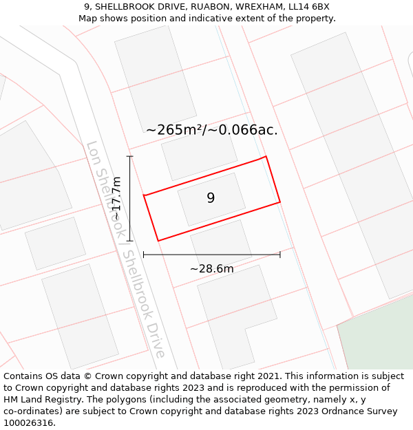 9, SHELLBROOK DRIVE, RUABON, WREXHAM, LL14 6BX: Plot and title map