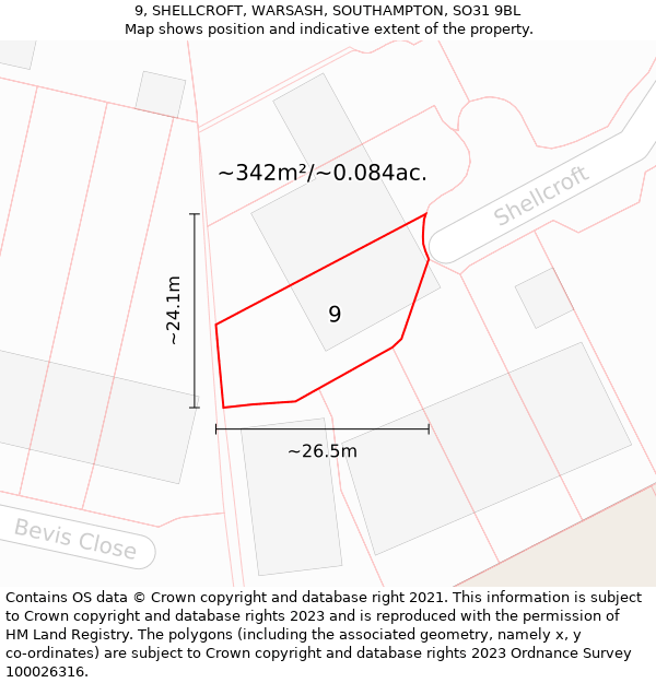 9, SHELLCROFT, WARSASH, SOUTHAMPTON, SO31 9BL: Plot and title map