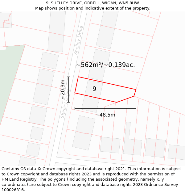 9, SHELLEY DRIVE, ORRELL, WIGAN, WN5 8HW: Plot and title map