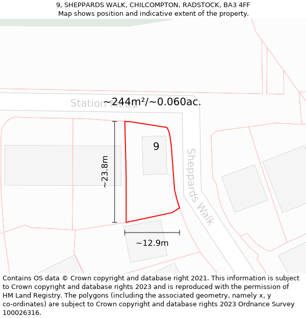 9, SHEPPARDS WALK, CHILCOMPTON, RADSTOCK, BA3 4FF: Plot and title map