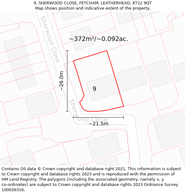 9, SHERWOOD CLOSE, FETCHAM, LEATHERHEAD, KT22 9QT: Plot and title map