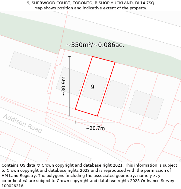 9, SHERWOOD COURT, TORONTO, BISHOP AUCKLAND, DL14 7SQ: Plot and title map