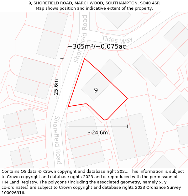 9, SHOREFIELD ROAD, MARCHWOOD, SOUTHAMPTON, SO40 4SR: Plot and title map