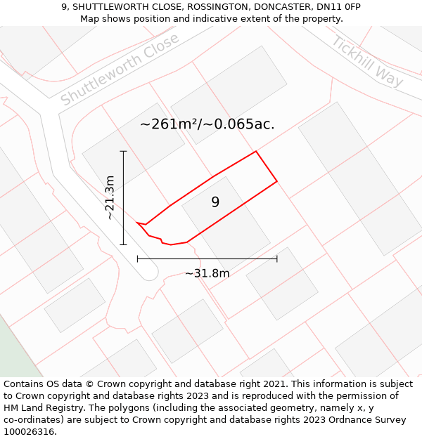 9, SHUTTLEWORTH CLOSE, ROSSINGTON, DONCASTER, DN11 0FP: Plot and title map