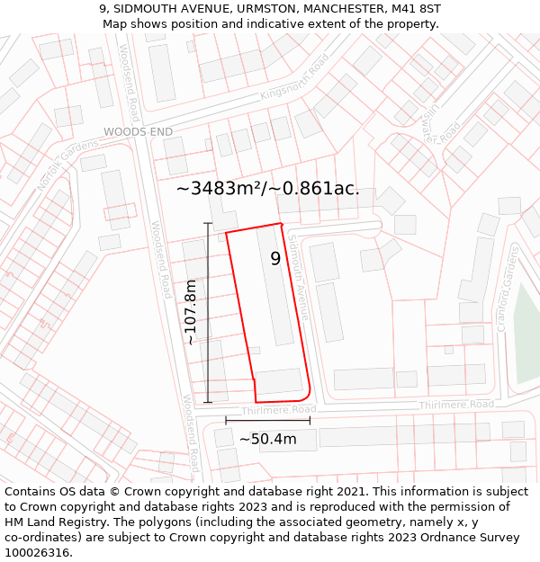 9, SIDMOUTH AVENUE, URMSTON, MANCHESTER, M41 8ST: Plot and title map