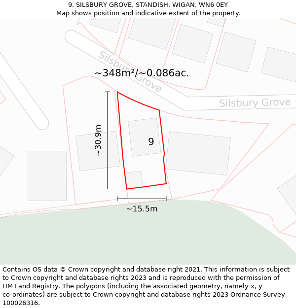 9, SILSBURY GROVE, STANDISH, WIGAN, WN6 0EY: Plot and title map