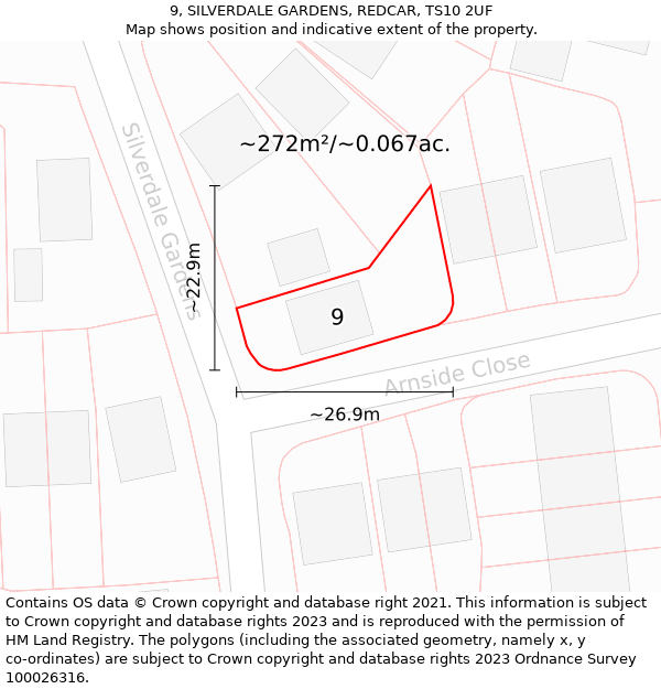 9, SILVERDALE GARDENS, REDCAR, TS10 2UF: Plot and title map