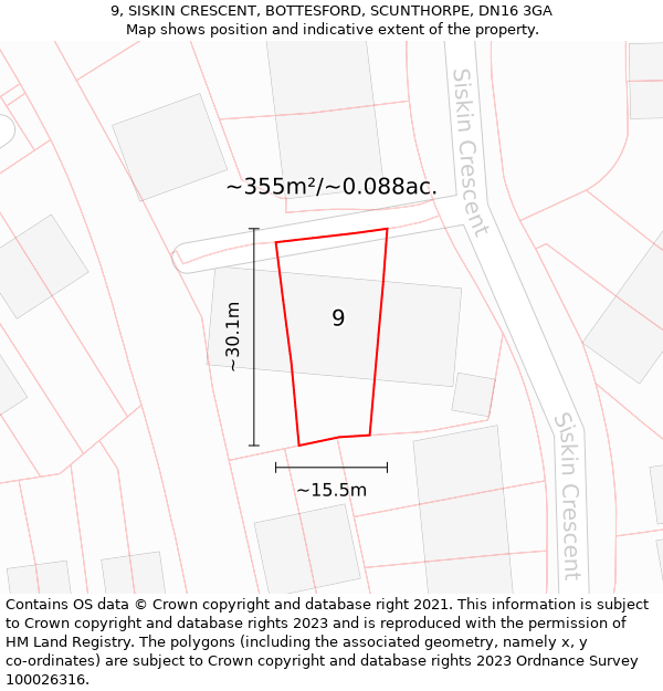 9, SISKIN CRESCENT, BOTTESFORD, SCUNTHORPE, DN16 3GA: Plot and title map