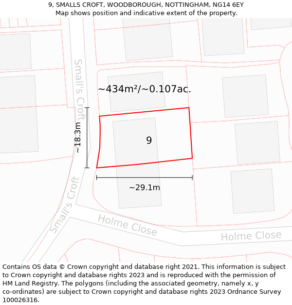 9, SMALLS CROFT, WOODBOROUGH, NOTTINGHAM, NG14 6EY: Plot and title map