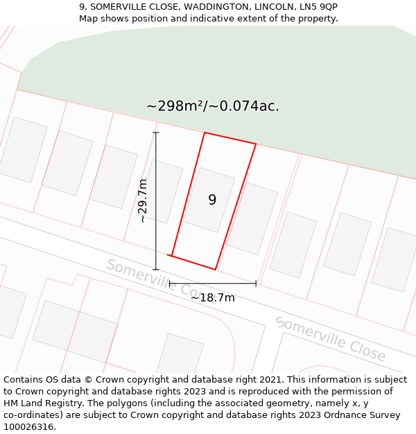 9, SOMERVILLE CLOSE, WADDINGTON, LINCOLN, LN5 9QP: Plot and title map