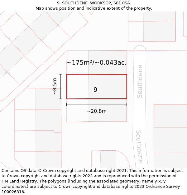 9, SOUTHDENE, WORKSOP, S81 0SA: Plot and title map