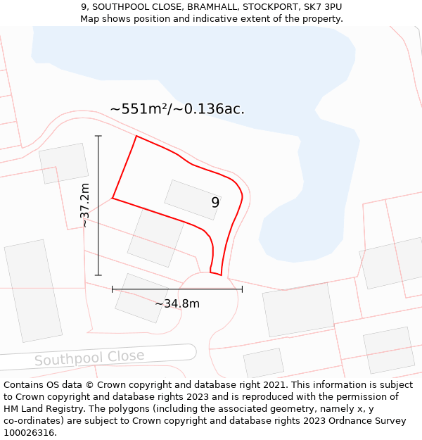 9, SOUTHPOOL CLOSE, BRAMHALL, STOCKPORT, SK7 3PU: Plot and title map