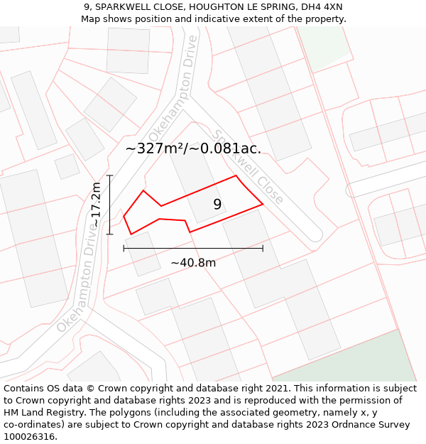 9, SPARKWELL CLOSE, HOUGHTON LE SPRING, DH4 4XN: Plot and title map