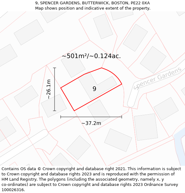 9, SPENCER GARDENS, BUTTERWICK, BOSTON, PE22 0XA: Plot and title map