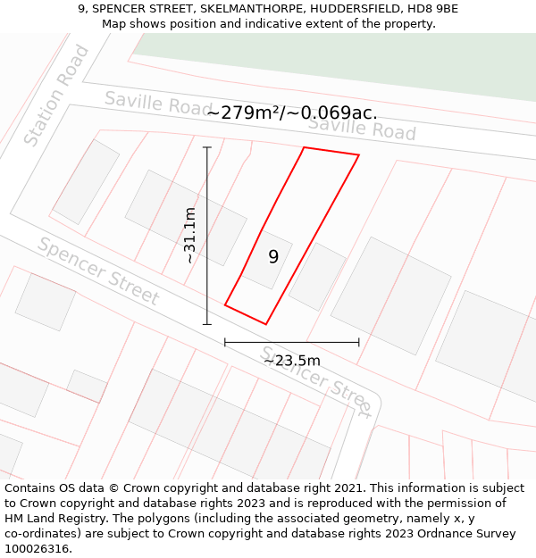 9, SPENCER STREET, SKELMANTHORPE, HUDDERSFIELD, HD8 9BE: Plot and title map