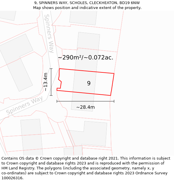 9, SPINNERS WAY, SCHOLES, CLECKHEATON, BD19 6NW: Plot and title map