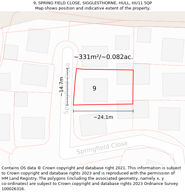 9, SPRING FIELD CLOSE, SIGGLESTHORNE, HULL, HU11 5QP: Plot and title map