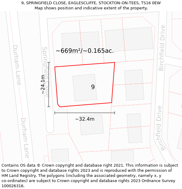 9, SPRINGFIELD CLOSE, EAGLESCLIFFE, STOCKTON-ON-TEES, TS16 0EW: Plot and title map