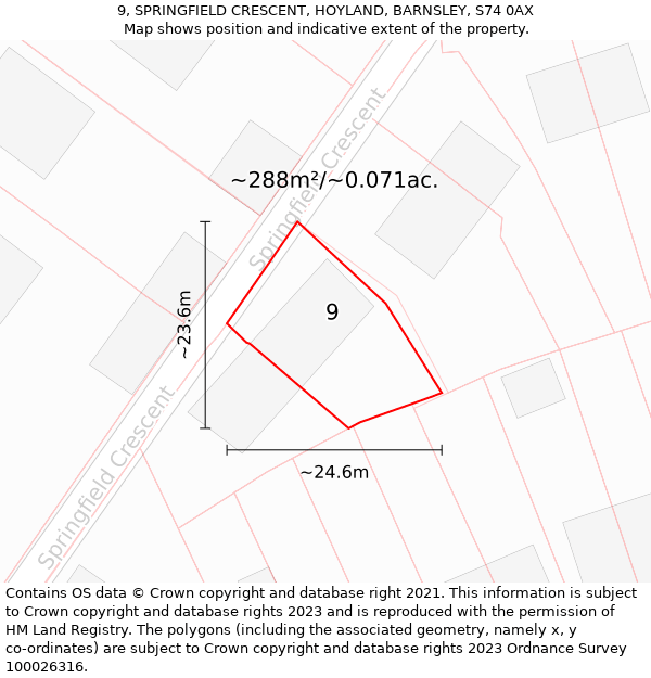 9, SPRINGFIELD CRESCENT, HOYLAND, BARNSLEY, S74 0AX: Plot and title map