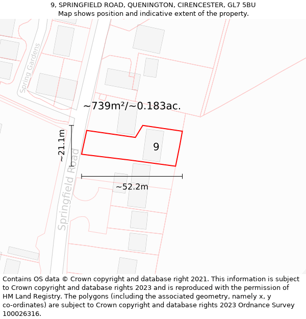 9, SPRINGFIELD ROAD, QUENINGTON, CIRENCESTER, GL7 5BU: Plot and title map