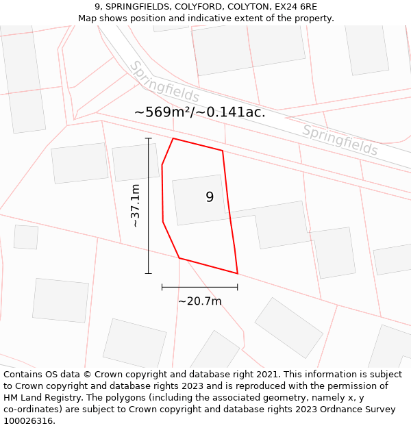 9, SPRINGFIELDS, COLYFORD, COLYTON, EX24 6RE: Plot and title map