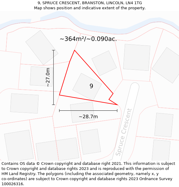 9, SPRUCE CRESCENT, BRANSTON, LINCOLN, LN4 1TG: Plot and title map