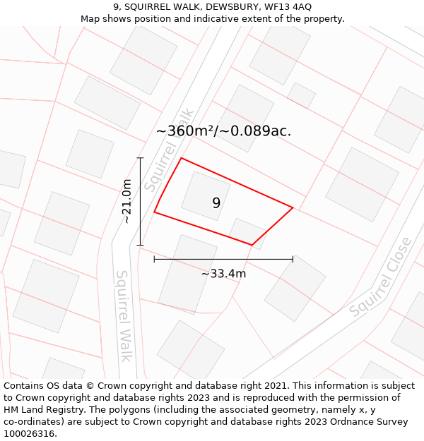 9, SQUIRREL WALK, DEWSBURY, WF13 4AQ: Plot and title map