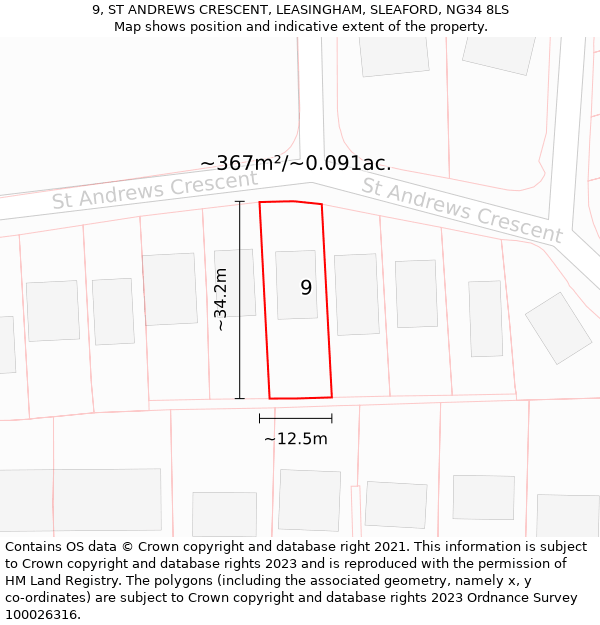 9, ST ANDREWS CRESCENT, LEASINGHAM, SLEAFORD, NG34 8LS: Plot and title map