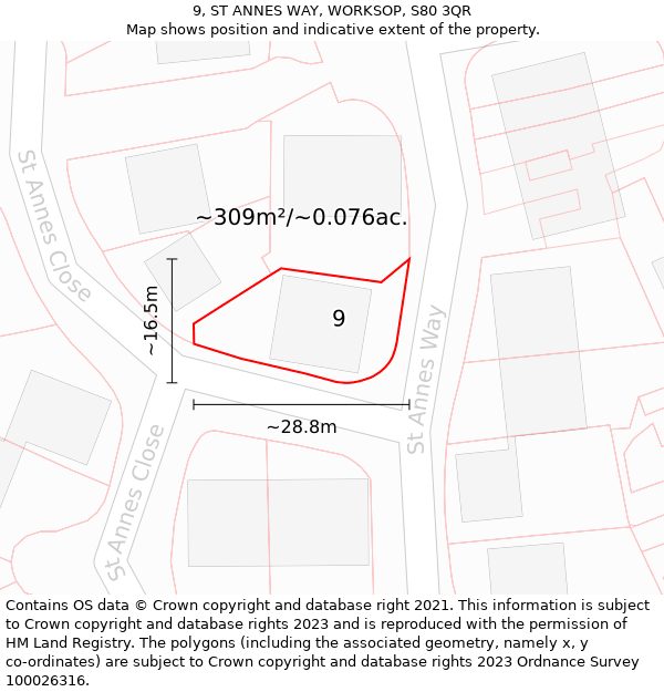 9, ST ANNES WAY, WORKSOP, S80 3QR: Plot and title map