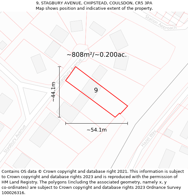 9, STAGBURY AVENUE, CHIPSTEAD, COULSDON, CR5 3PA: Plot and title map