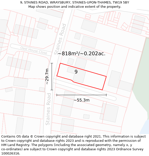 9, STAINES ROAD, WRAYSBURY, STAINES-UPON-THAMES, TW19 5BY: Plot and title map