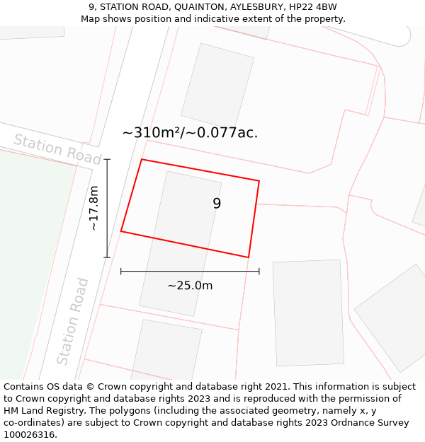 9, STATION ROAD, QUAINTON, AYLESBURY, HP22 4BW: Plot and title map