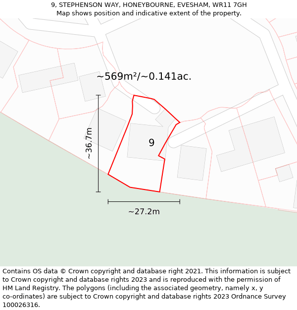 9, STEPHENSON WAY, HONEYBOURNE, EVESHAM, WR11 7GH: Plot and title map