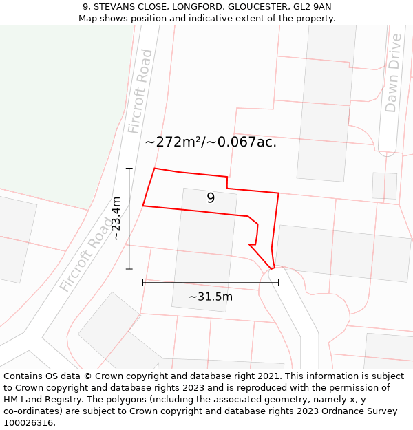 9, STEVANS CLOSE, LONGFORD, GLOUCESTER, GL2 9AN: Plot and title map