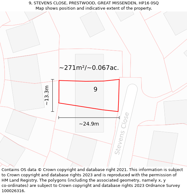 9, STEVENS CLOSE, PRESTWOOD, GREAT MISSENDEN, HP16 0SQ: Plot and title map