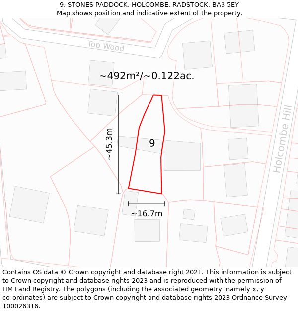 9, STONES PADDOCK, HOLCOMBE, RADSTOCK, BA3 5EY: Plot and title map