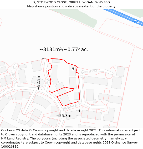 9, STORWOOD CLOSE, ORRELL, WIGAN, WN5 8SD: Plot and title map