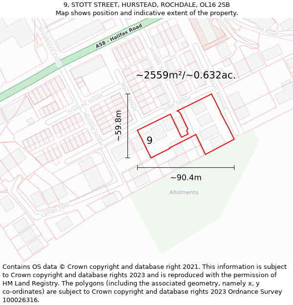 9, STOTT STREET, HURSTEAD, ROCHDALE, OL16 2SB: Plot and title map