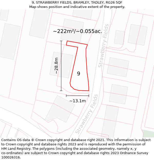 9, STRAWBERRY FIELDS, BRAMLEY, TADLEY, RG26 5QF: Plot and title map