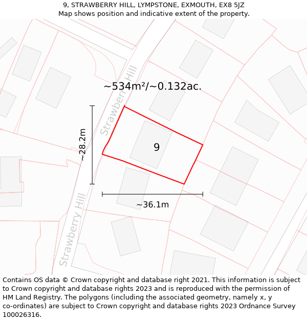 9, STRAWBERRY HILL, LYMPSTONE, EXMOUTH, EX8 5JZ: Plot and title map