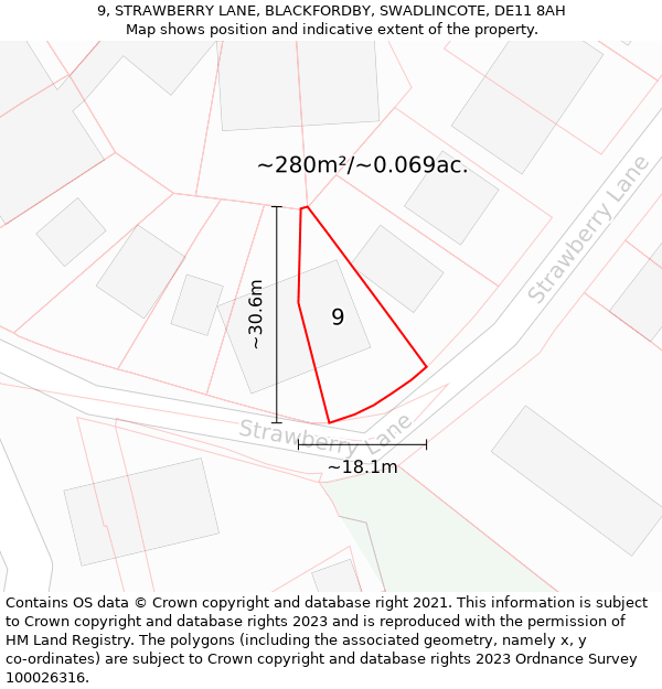 9, STRAWBERRY LANE, BLACKFORDBY, SWADLINCOTE, DE11 8AH: Plot and title map