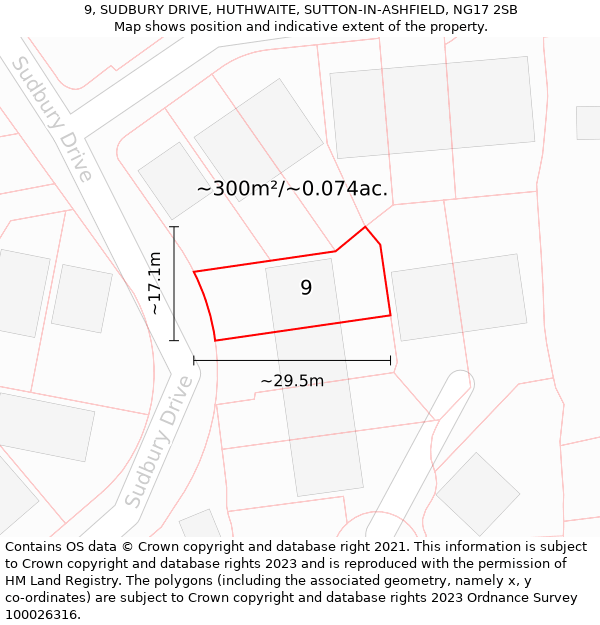 9, SUDBURY DRIVE, HUTHWAITE, SUTTON-IN-ASHFIELD, NG17 2SB: Plot and title map