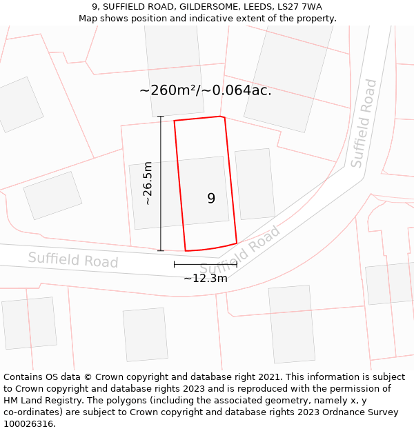 9, SUFFIELD ROAD, GILDERSOME, LEEDS, LS27 7WA: Plot and title map